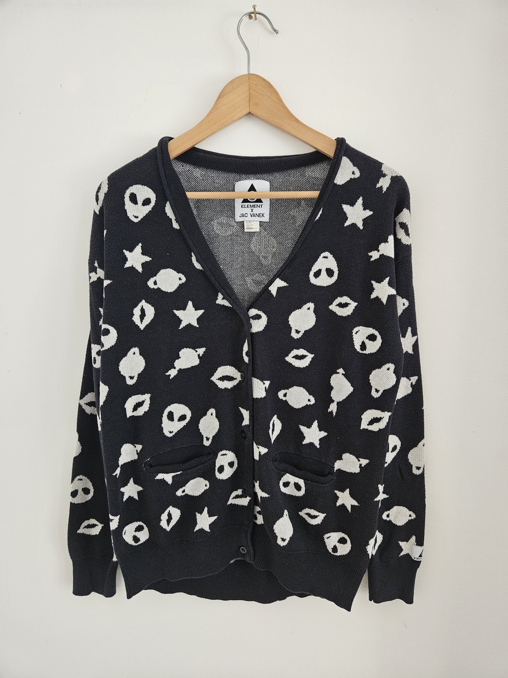 Element X Jac Vanek Alien Print Cardigan Sweater Mens Medium Skateboard